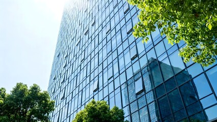 Modern Glass Skyscraper Reflecting Urban Landscape, Framed by Lush Green Trees, Under Bright Sky, representing sustainable architecture and urban development