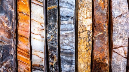 oud. Geological core samples displaying layered sedimentary rock strata in earth tones. STEM education sheets, lab safety posters, designed for biotech research communications.