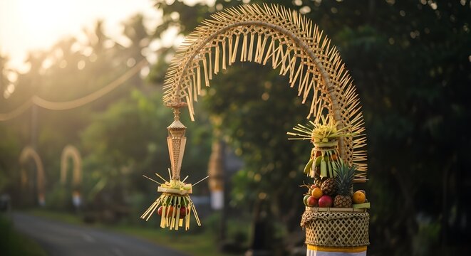 High Detail Balinese Galungan Penjor – Religious Offering Pole with Handwoven Coconut Leaves and Symbolic Festival Craftsmanship