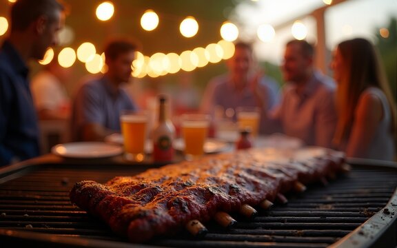 Juicy grilled ribs rest on the barbecue as friends and family enjoy a joyful outdoor gathering filled with twinkling lights. The atmosphere radiates warmth and delight in the evening air.