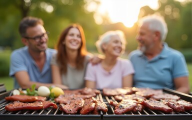 A happy family is gathered around a barbecue on a sunny day, with perfectly grilled meats in the foreground and blurred relatives joyfully chatting in the background. High quality