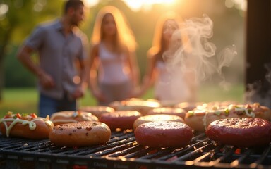 A family grilling burgers and hot dogs on a BBQ during a sunny day with sizzling food and warm light. Generative AI. High quality