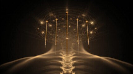 acupuncture. Golden acupuncture needles floating in mandala formation above a spine silhouette, glowing with healing energy at key points. STEM education sheets.