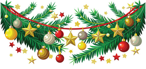 Christmas garland of fir branches with star and ball decorations.