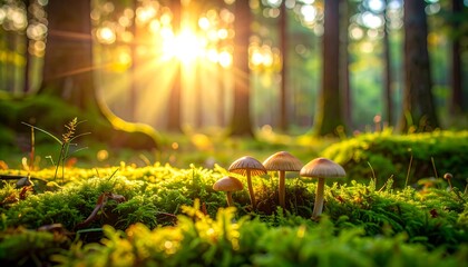A serene forest scene with mushrooms bathed in sunlight filtering through the trees. The ground is covered in lush green moss