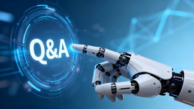 Robot Hand Interacting with Q&A Interface, Futuristic Technology on Blue Background, AI Powered Support and Information Access