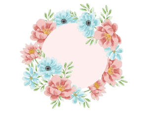 Soft Red Aster and Blue Watercolor Flower Wreath