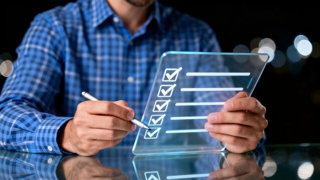 Businessman completing digital checklist on glass interface with stylus, illuminated by bokeh lights in a modern office environment, showcasing task management and
