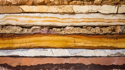 oud. Geological core samples displaying layered sedimentary rock strata in earth tones. STEM education sheets, lab safety posters, designed for biotech research communications.