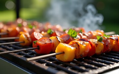 Halal food barbecue skewers grilling outdoor party, summer gathering. High quality