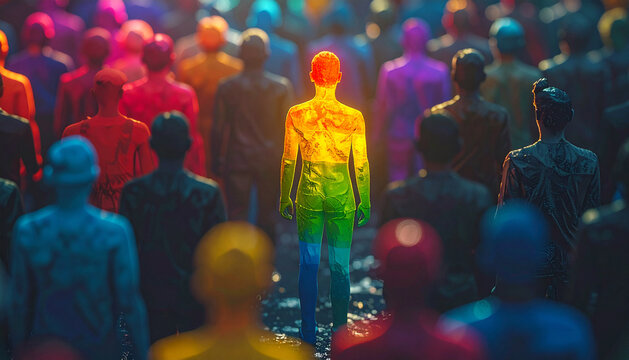 Standing Out: A Colorful Figure in a Crowd