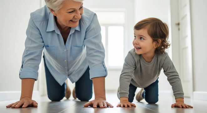 A smiling grandmother and her cute grandson having fun while crawling on the wooden floor at home, sharing a playful moment