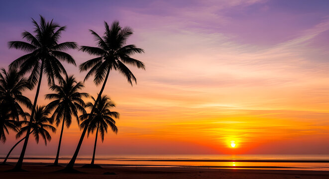 The main subjects are the palm trees silhouetted against a vibrant tropical sunset. - Powered by Adobe