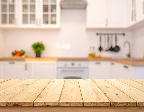 Wood tabletop overlooks blurred white kitchen interior