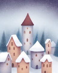  Whimsical Snowy Winter Village Scene with Charming Houses and Tower, timeless seasonal motif perfect for packaging, handcrafted appearance for premium