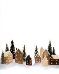 illustration Charming Winter Village Scene with Snow Covered Houses and Pine Trees, soft muted palette with subtle gold highlights, studio quality composition for