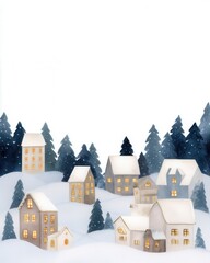  Charming Winter Village Scene with Snow and Pine Trees, handcrafted appearance for premium holiday projects, versatile decorative motif for seasonal