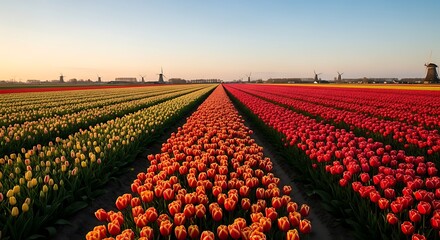 Vibrant Tulip Fields Under a Clear Sky at Sunset.