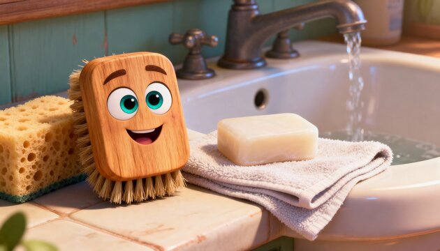 A cheerful wooden brush with big sparkling eyes smiles next to a natural sponge, soft towel and soap at a rustic ceramic sink.