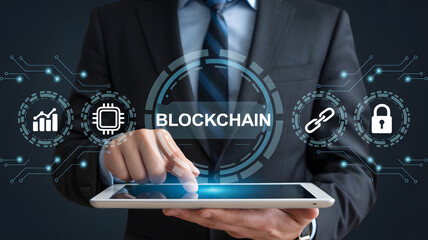 Professional businessman using tablet interacting with blockchain technology interface