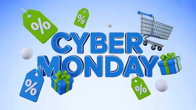 Cyber monday sale with gifts and shopping cart render