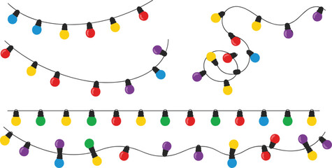 Set of Colorful Decorative String Lights Vector Illustrations, Featuring Holiday Fairy Lights, Festive Garland, and Light Bulb Borders for Party and Event Design.