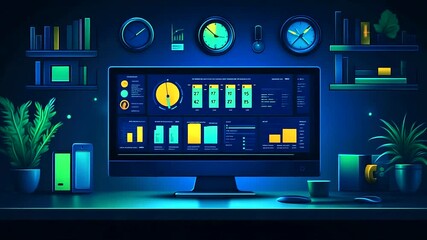 Data Analysis Dashboard with Clocks and Green Plants - Powered by Adobe
