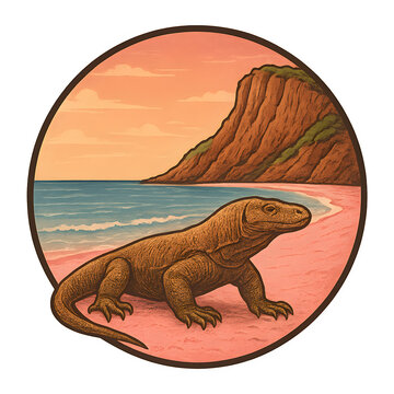 Vintage Realistic Komodo Dragon Logo on Pink Beach with Cliff Background &ndash; Circular Vector Illustration