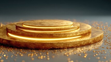 Obraz premium Golden Platform: An elegant, three-tiered golden platform with a radiant glow, symbolizing prestige and achievement, sits on a smooth surface sprinkled with golden particles.