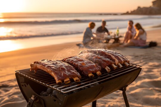 Barbecue ribs cooking on grill at beach sunset with people dining image