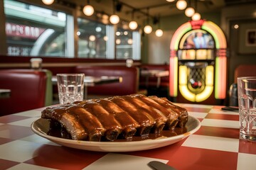 Barbecue pork ribs on checkered tablecloth in retro diner with jukebox meat food