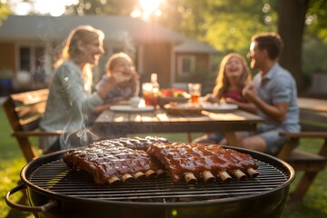 Barbecue ribs cooking on grill with family dining outdoors at sunset image
