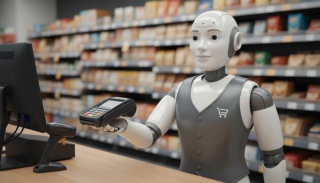 Robot cashier holding payment terminal in supermarket