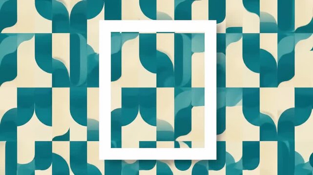 Retro pattern of shapes in blue and beige with white square frame in front