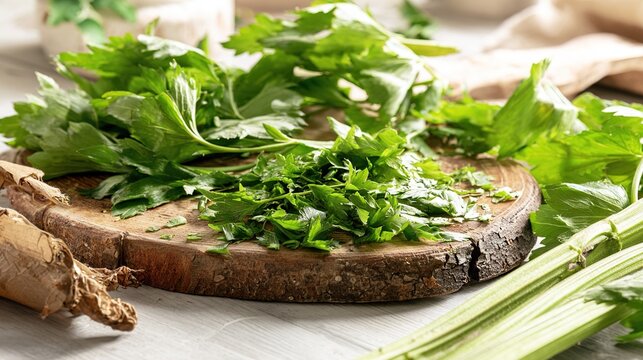 lovage. Freshly chopped lovage leaves on a rustic wooden cutting board, bright green color and texture. menu design, packaging mockups, designed for culinary blogs and recipe cards for restaurants.