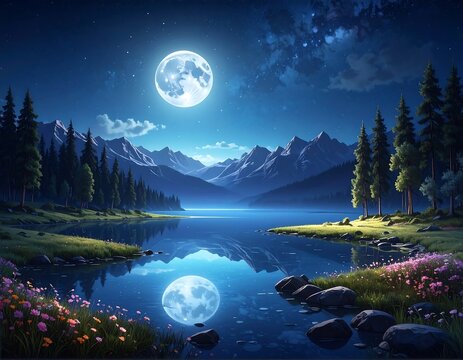 A serene landscape at night with a full moon, a lake, surrounding trees, distant mountains, and a starry sky