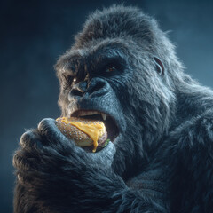 Gorilla eating cheeseburger with sesame bun in dark background