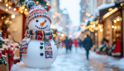 Obraz premium Cheerful snowman with colorful scarf and hat stands in festive, snowy street adorned with holiday lights