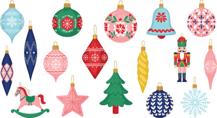 Set of Cute Christmas Tree Ornaments Vector Icons, Featuring Nutcracker, Bell, Rocking Horse, Star, and Baubles with Nordic and Snowflake Patterns in Pastel Colors.