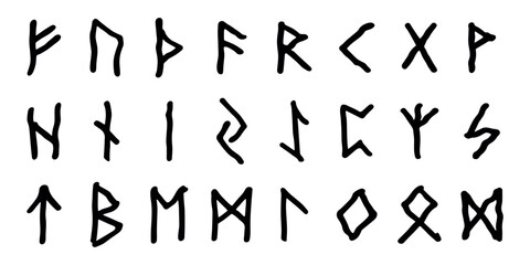 Set of hand drawn viking runes Ancient scandinavian futhark germanic celtic alphabet clipart in doodle style Single element for print, web, design, decor