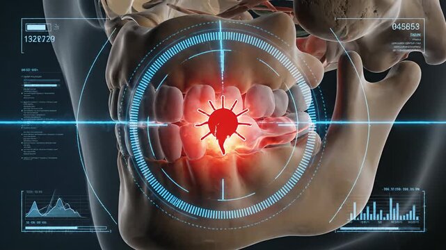 3D Animation of a Human Jaw with a Highlighted Tooth and Digital Interface for Dental Diagnostics.