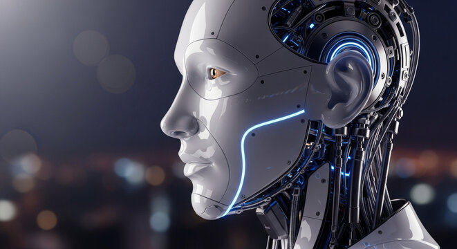 A close-up of a white robot head with blue light accents on a blurry cityscape background highlighting futuristic technology and artificial intelligence.