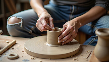 Woman shaping clay pot on pottery wheel in creative workshop