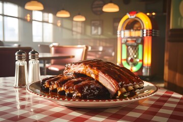 Barbecue ribs on plate with salt pepper shakers and jukebox food meat