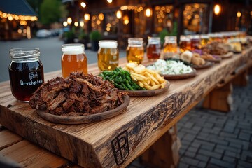 Obraz premium Gastronomic Gathering: An inviting spread of culinary delights, featuring a variety of beers and appetizing foods, is elegantly arranged on a rustic wooden table.