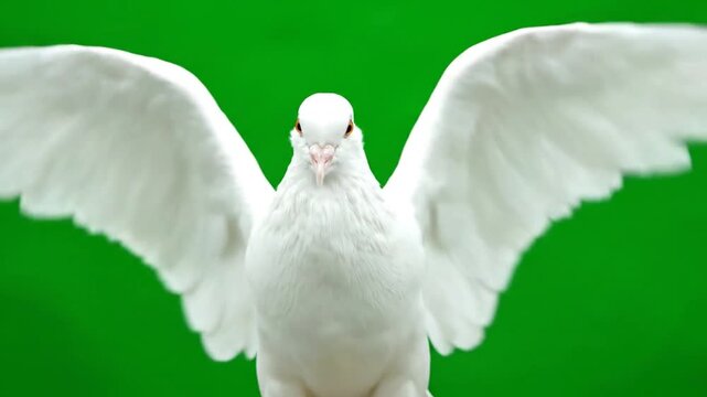 Graceful white dove flapping wings against green screen for compositing and effects