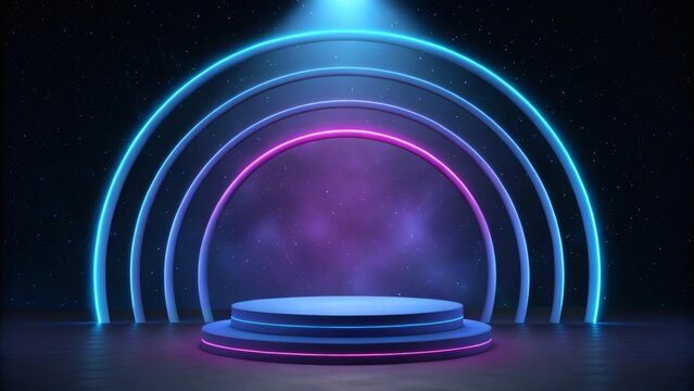 Step into the Spotlight Stunning neon rings frame a product display stage for maximum impact, for tech demos, presentations, and vibrant marketing campaigns
