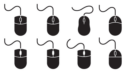  Collection of eight black computer mouse icons with cords on a white background
