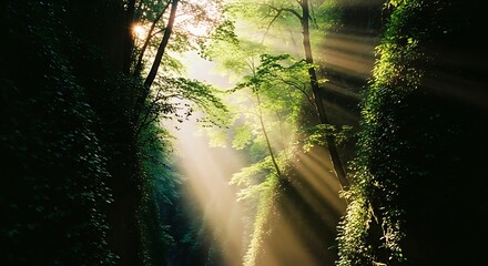 Sunbeams filtering through lush green forest canopy creating a mystical atmosphere.