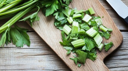 lovage. Freshly chopped lovage leaves on a rustic wooden cutting board, bright green color and texture. menu design, packaging mockups, designed for culinary blogs and recipe cards for restaurants.